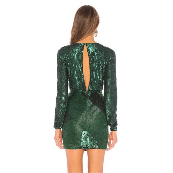 Michael Costello Revolve Adalyn Emerald Green Sequin Dress Plunge mini long slv - Picture 3 of 12
